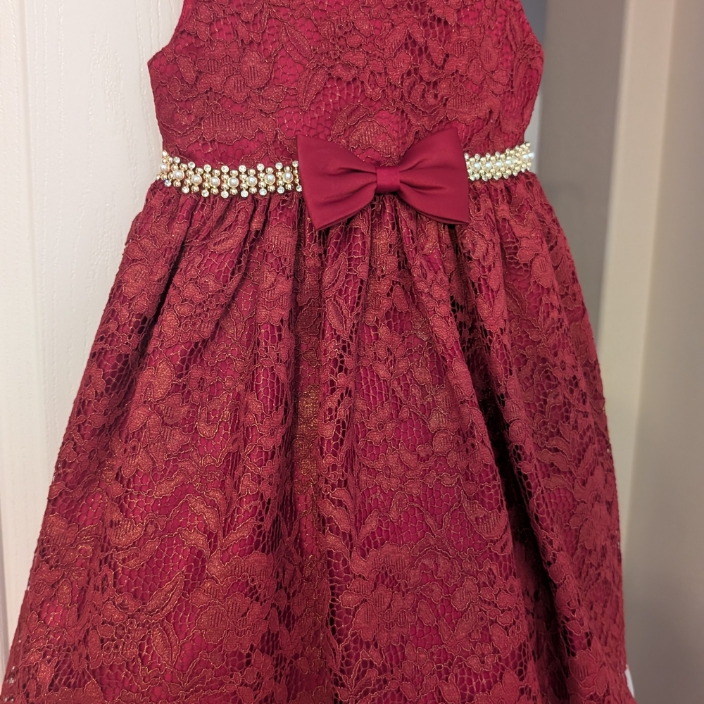 American Princess Maroon Lace Dress with Pearl Detail